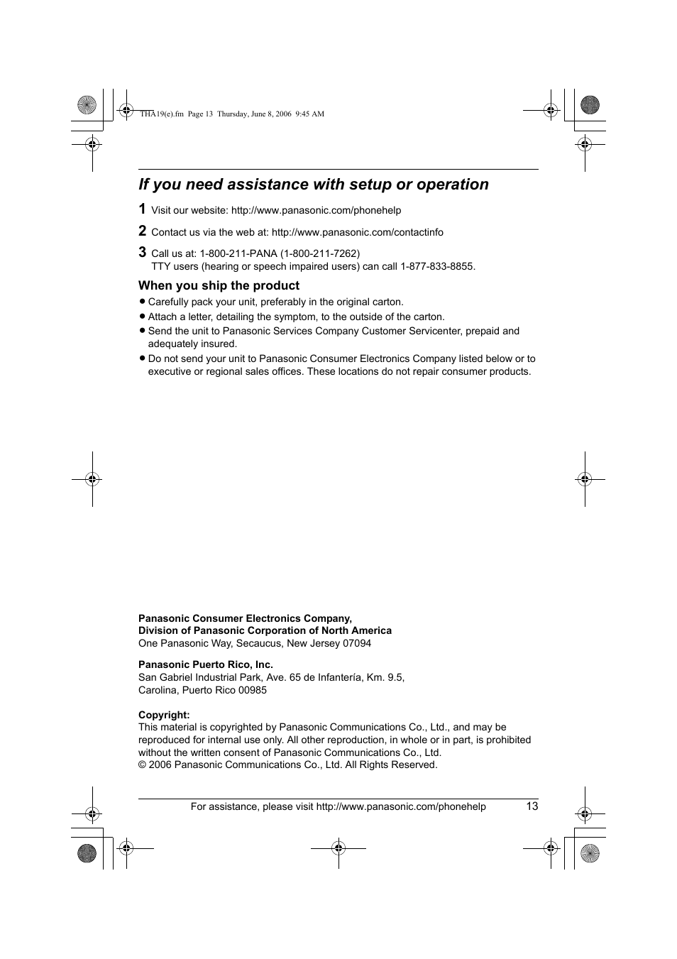 If you need assistance with setup or operation | Panasonic KXTHA19 User Manual | Page 13 / 20