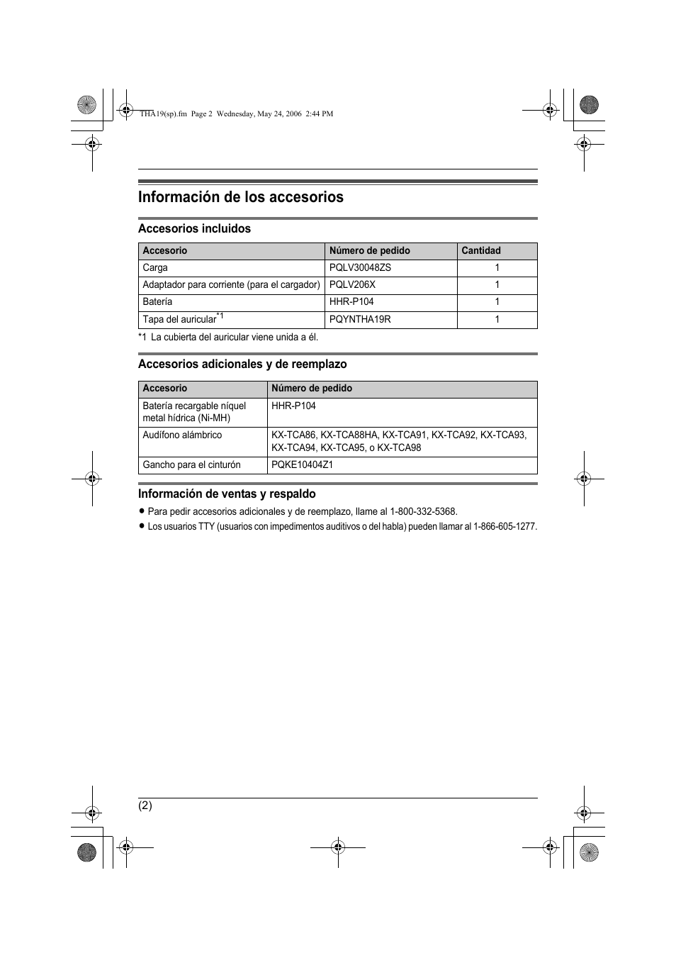 Información de los accesorios | Panasonic KXTHA19 User Manual | Page 15 / 20