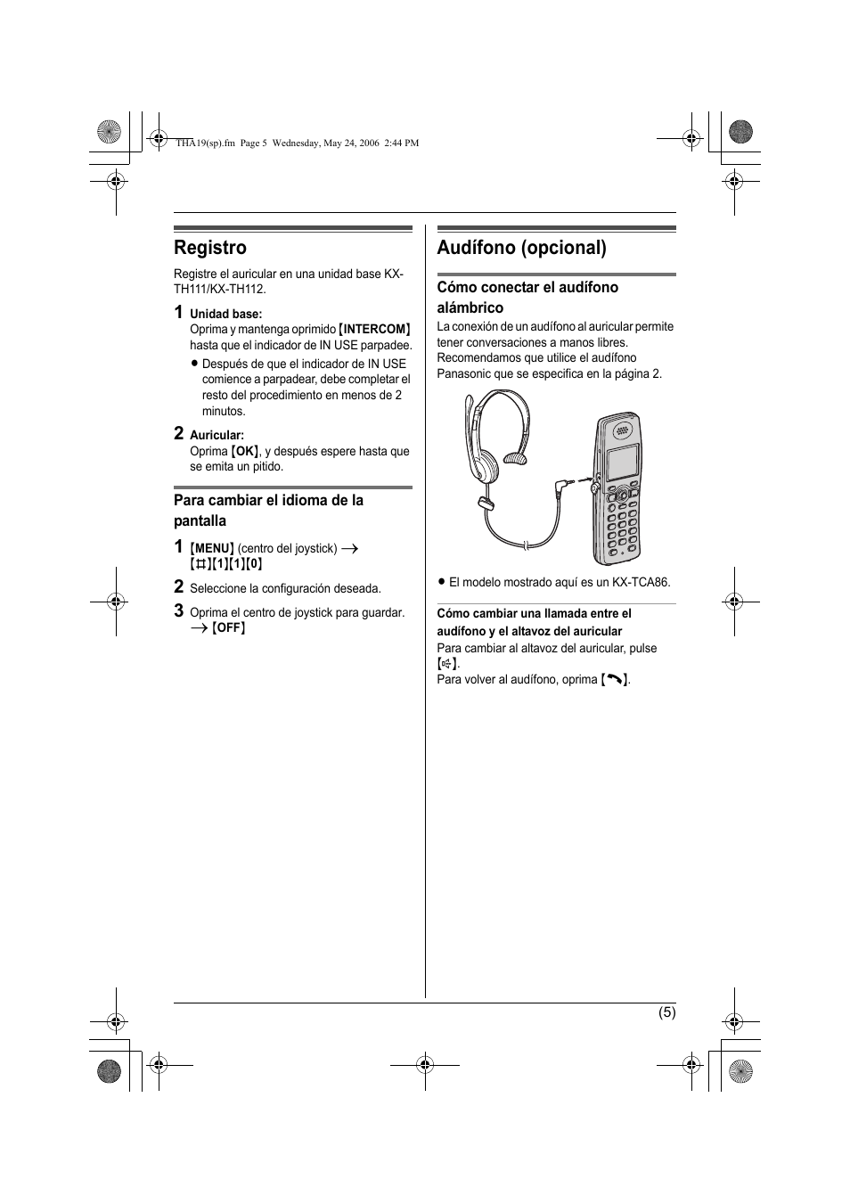 Registro, Audífono (opcional) | Panasonic KXTHA19 User Manual | Page 18 / 20