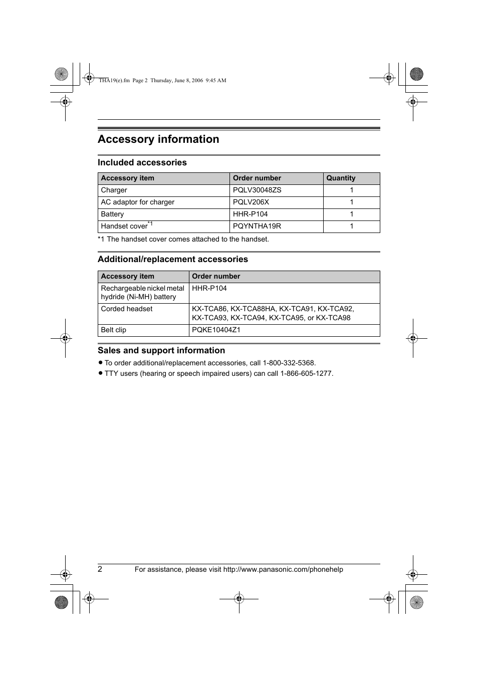 Accessory information, Included accessories, Additional/replacement accessories | Sales and support information | Panasonic KXTHA19 User Manual | Page 2 / 20