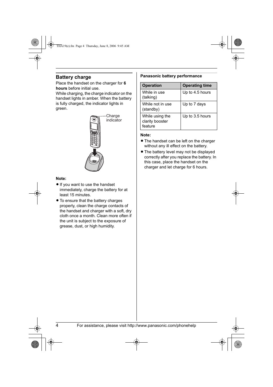 Battery charge, Panasonic battery performance | Panasonic KXTHA19 User Manual | Page 4 / 20