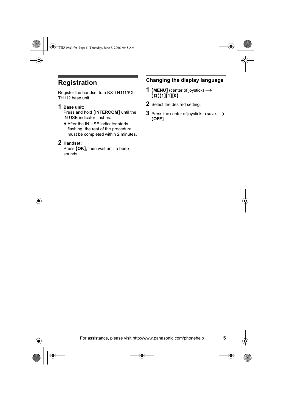 Registration, Changing the display language | Panasonic KXTHA19 User Manual | Page 5 / 20