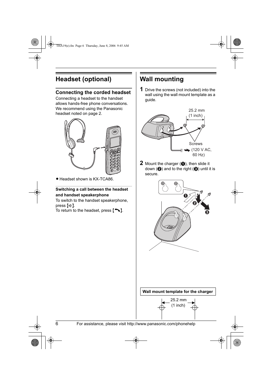 Headset (optional), Connecting the corded headset, Wall mounting | Panasonic KXTHA19 User Manual | Page 6 / 20