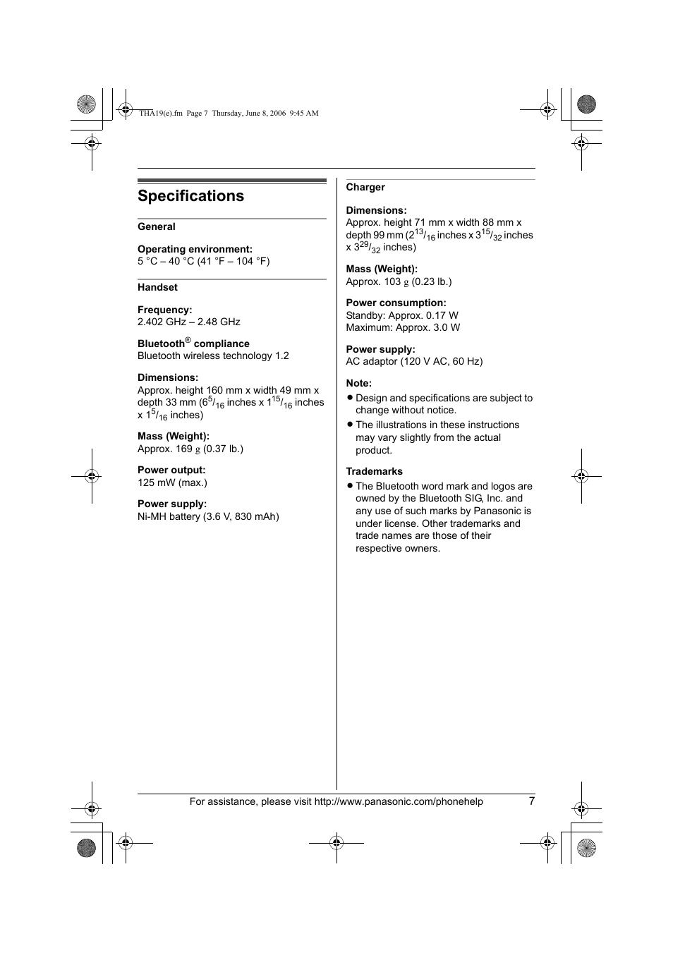 Specifications, General, Handset | Charger | Panasonic KXTHA19 User Manual | Page 7 / 20