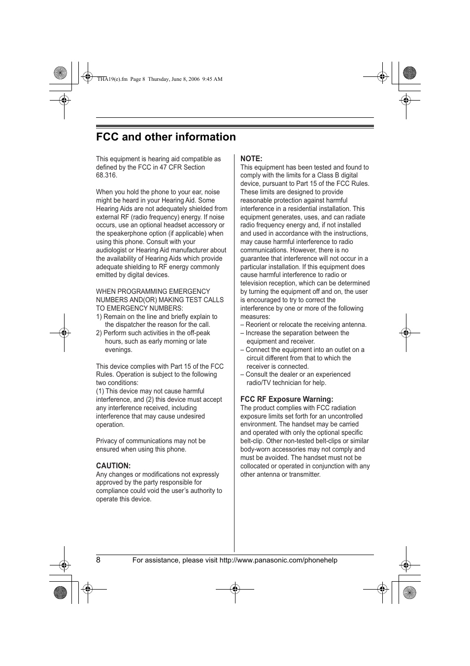 Fcc and other information | Panasonic KXTHA19 User Manual | Page 8 / 20