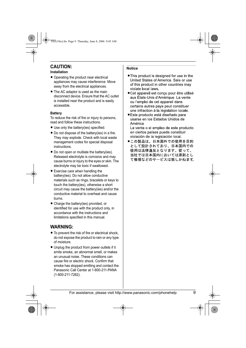 Notice, Caution, Warning | Panasonic KXTHA19 User Manual | Page 9 / 20