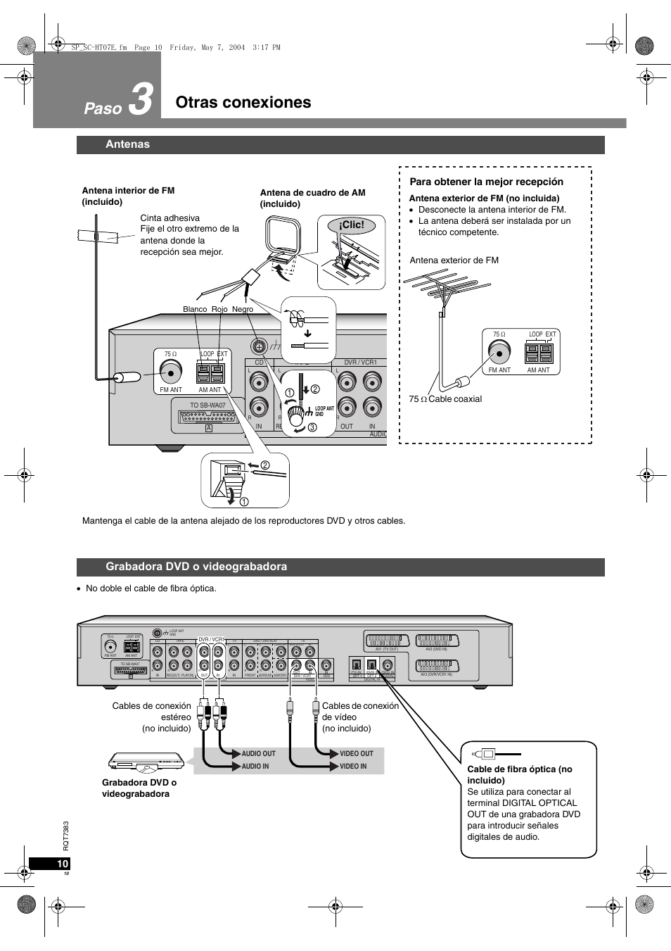 Otras conexiones paso, Antenas grabadora dvd o videograbadora, Para obtener la mejor recepción | Clic, No doble el cable de fibra óptica | Panasonic SCHT05 User Manual | Page 10 / 28