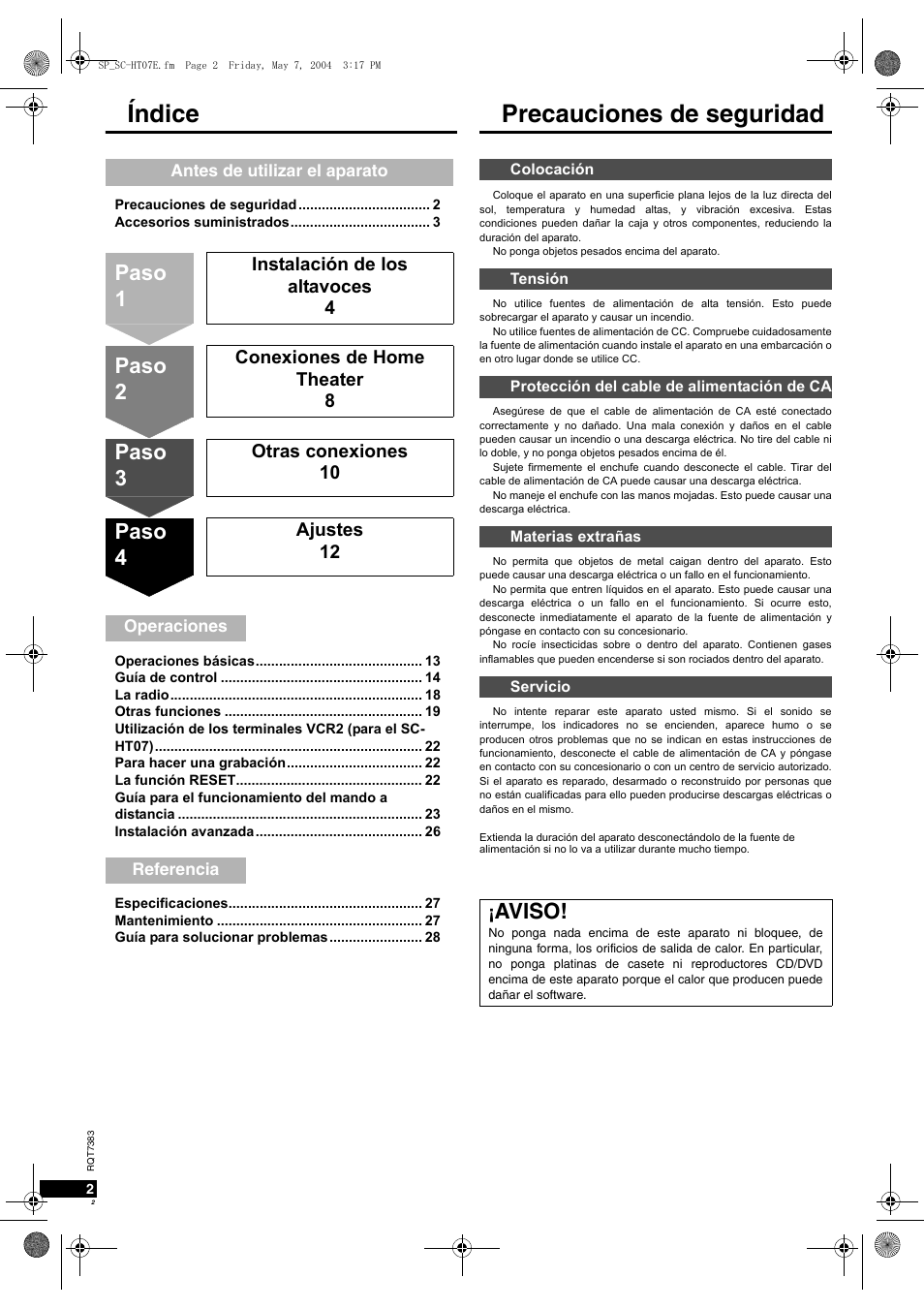 Índice precauciones de seguridad, Aviso, Paso 1 | Paso 2, Paso 3, Paso 4, Instalación de los altavoces 4, Conexiones de home theater 8, Otras conexiones 10, Ajustes 12 | Panasonic SCHT05 User Manual | Page 2 / 28