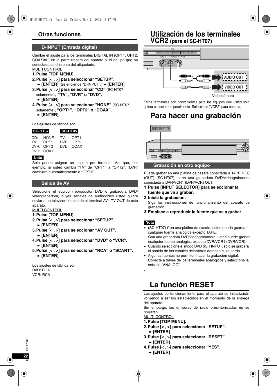 Para hacer una grabación, Utilización de los terminales vcr2, La función reset | Para el sc-ht07), Otras funciones, Grabación en otro equipo, D-input (entrada digital) salida de av | Panasonic SCHT05 User Manual | Page 22 / 28