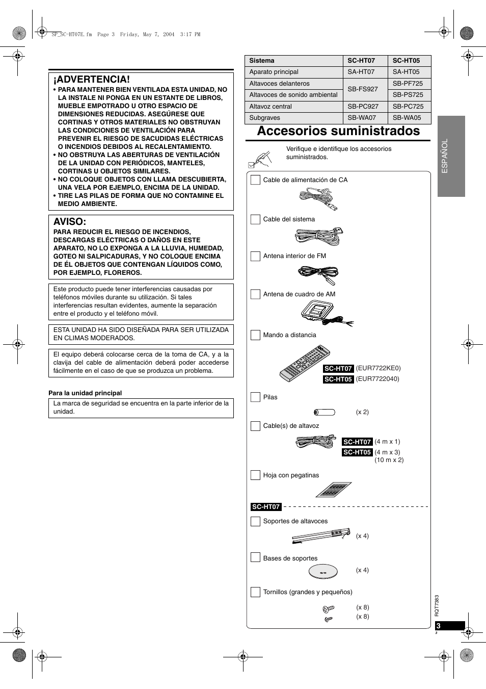 Accesorios suministrados, Advertencia, Aviso | Panasonic SCHT05 User Manual | Page 3 / 28