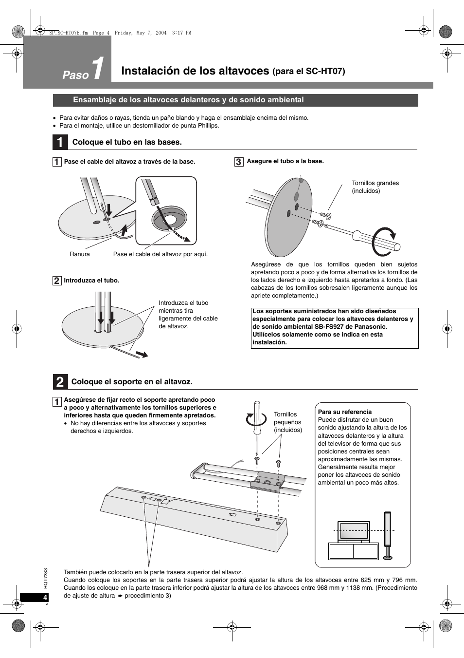 Instalación de los altavoces, Paso | Panasonic SCHT05 User Manual | Page 4 / 28