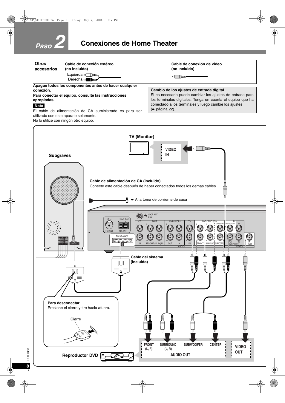 Conexiones de home theater paso, Audio out video out video in, Subgraves tv (monitor) reproductor dvd | Otros accesorios | Panasonic SCHT05 User Manual | Page 8 / 28