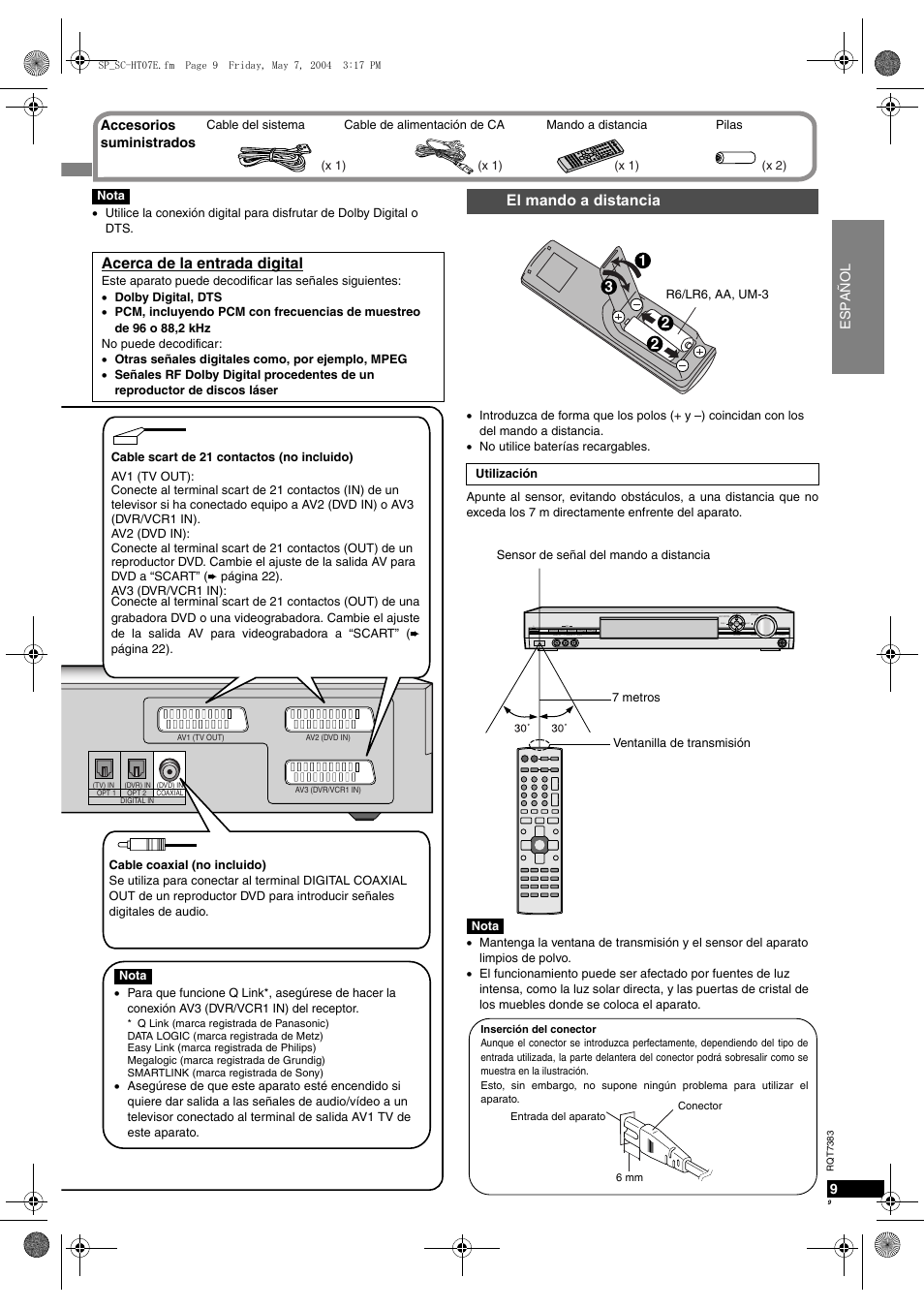 El mando a distancia, Acerca de la entrada digital | Panasonic SCHT05 User Manual | Page 9 / 28