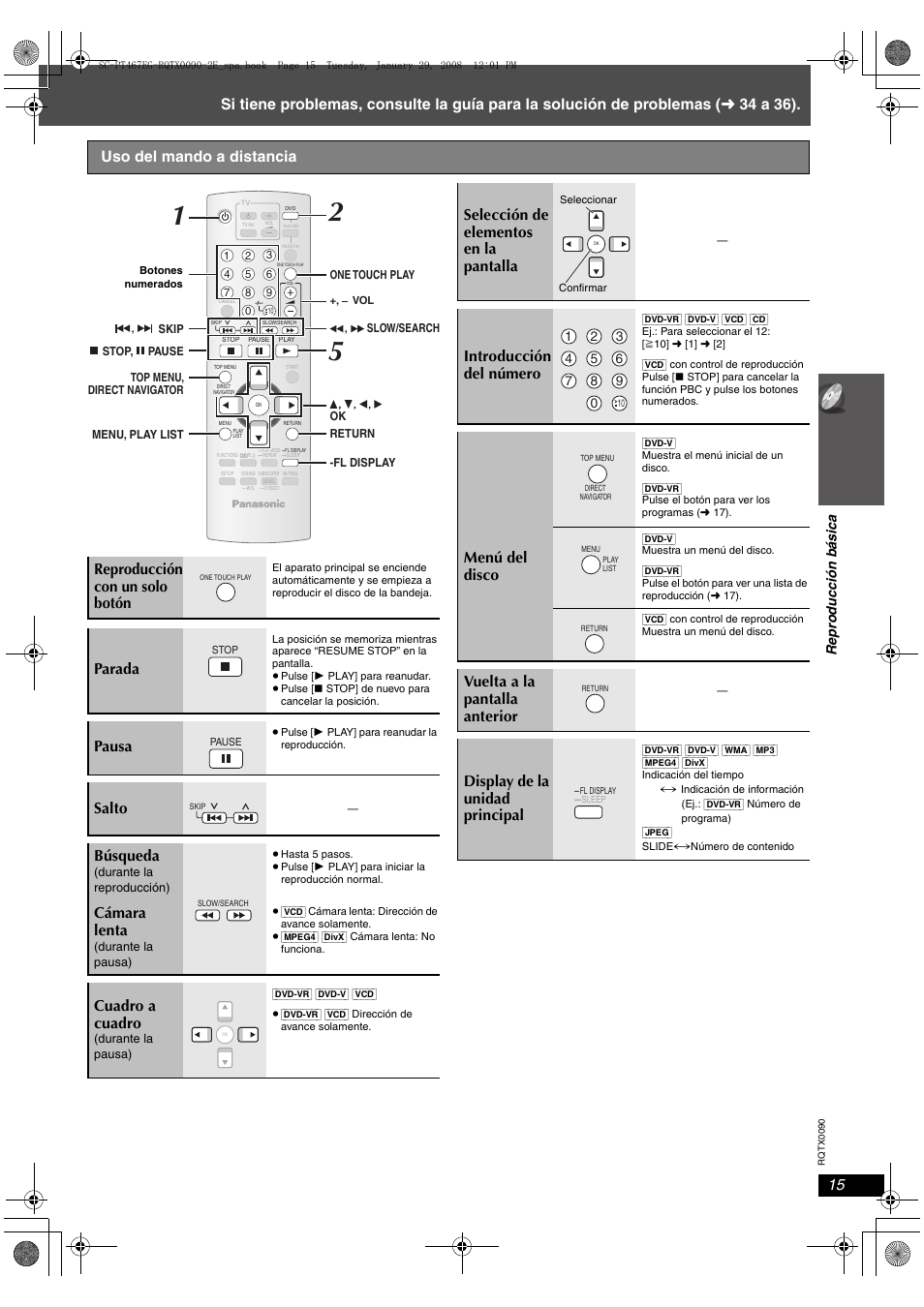 Parada, Pausa, Salto búsqueda | Cámara lenta, Cuadro a cuadro, Selección de elementos en la pantalla, Introducción del número, Menú del disco, Re pr od ucc ió n b ási ca | Panasonic SCPT467 User Manual | Page 15 / 44