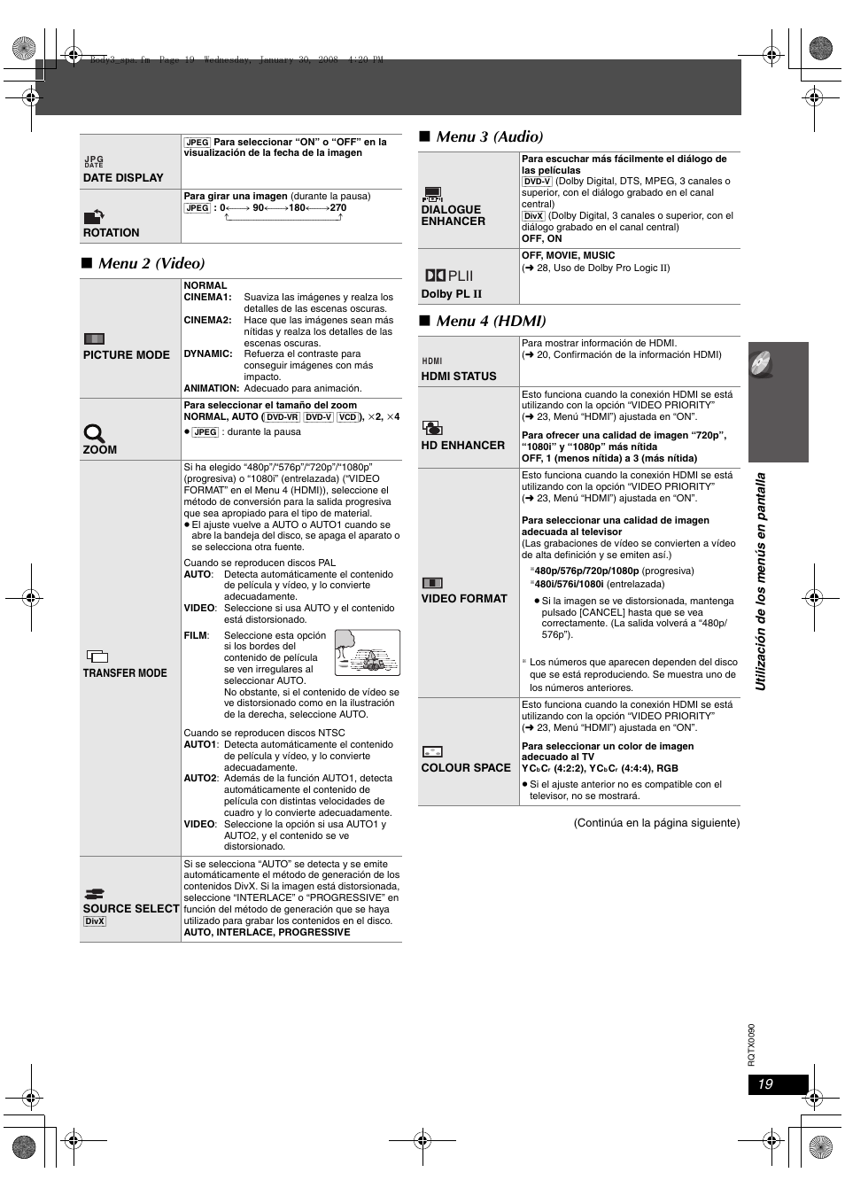 Menu 2 (video) ∫ menu 3 (audio) ∫ menu 4 (hdmi), Plii | Panasonic SCPT467 User Manual | Page 19 / 44