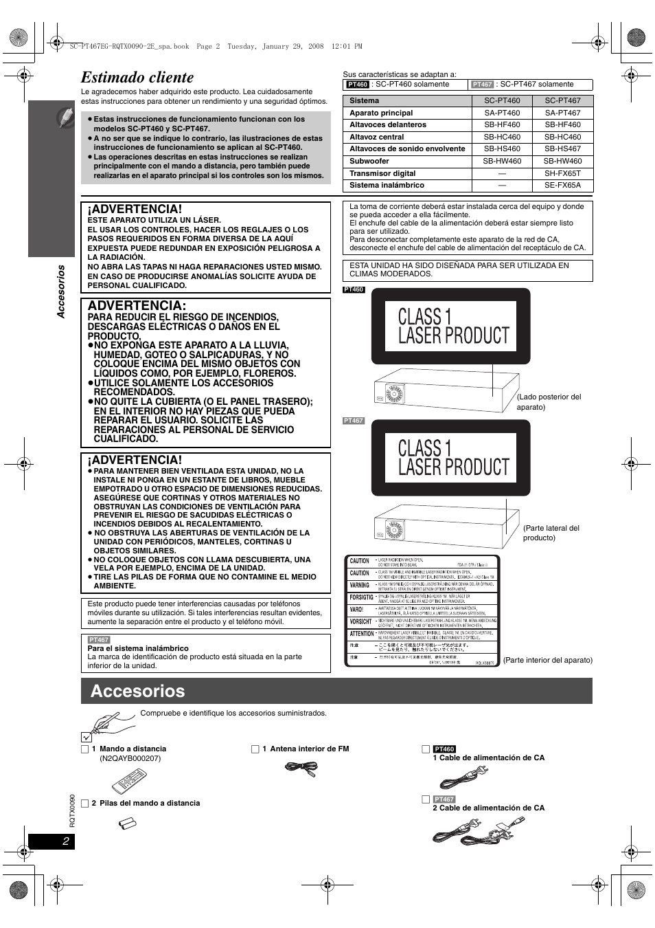 Accesorios, Estimado cliente, Advertencia | Panasonic SCPT467 User Manual | Page 2 / 44