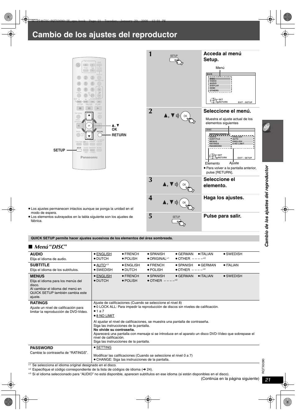Cambio de los ajustes del reproductor, Menú, Disc | Acceda al menú setup, Seleccione el menú, Seleccione el elemento, Haga los ajustes, Pulse para salir | Panasonic SCPT467 User Manual | Page 21 / 44