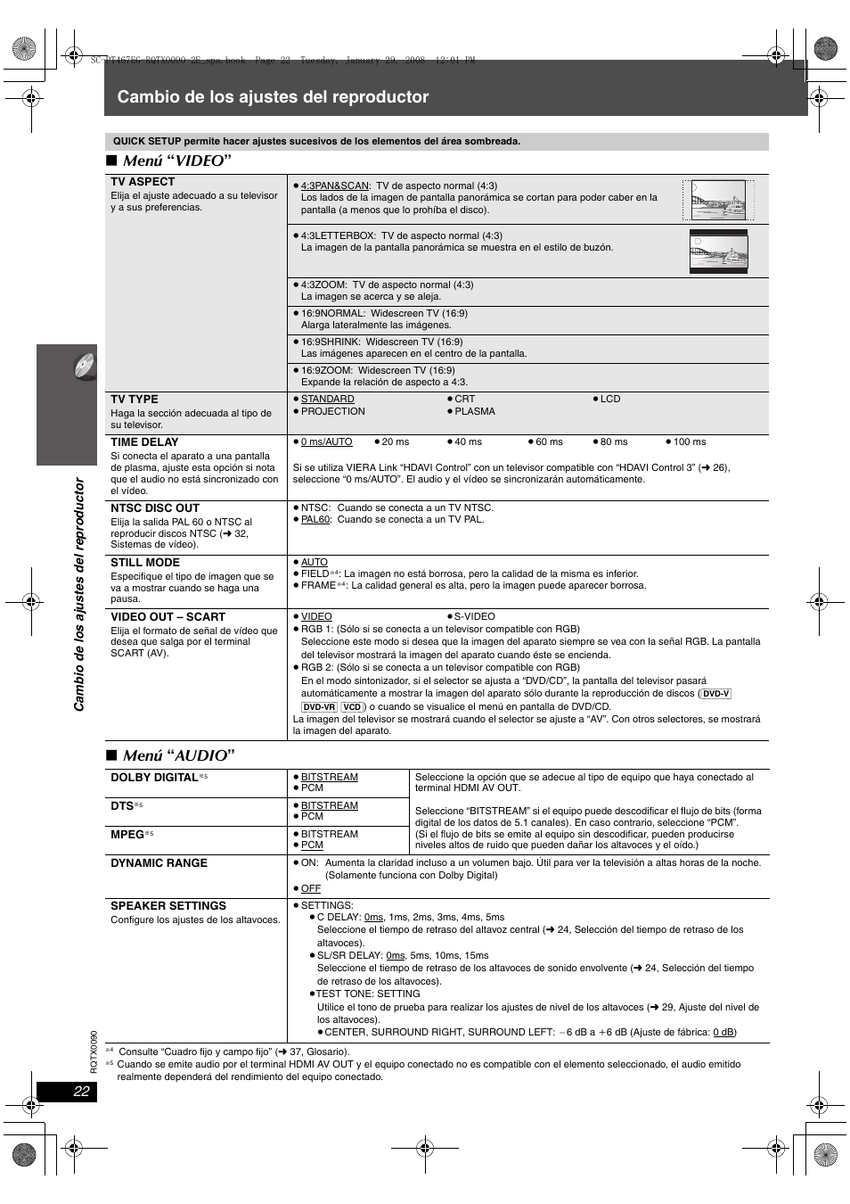 Cambio de los ajustes del reproductor, Menú “ video ” ∫ menú “ audio | Panasonic SCPT467 User Manual | Page 22 / 44