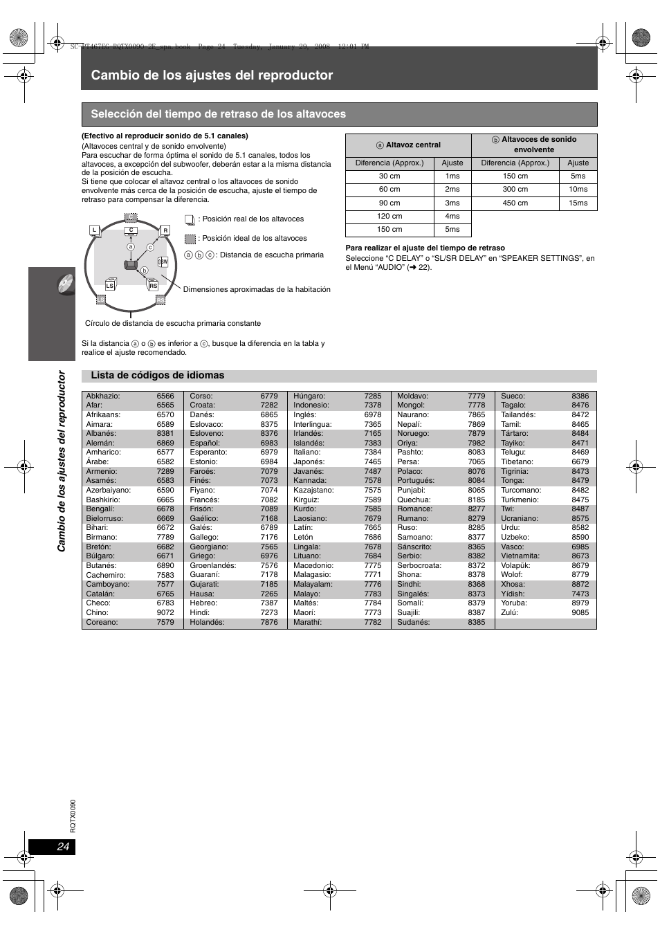 Cambio de los ajustes del reproductor, Selección del tiempo de retraso de los altavoces | Panasonic SCPT467 User Manual | Page 24 / 44