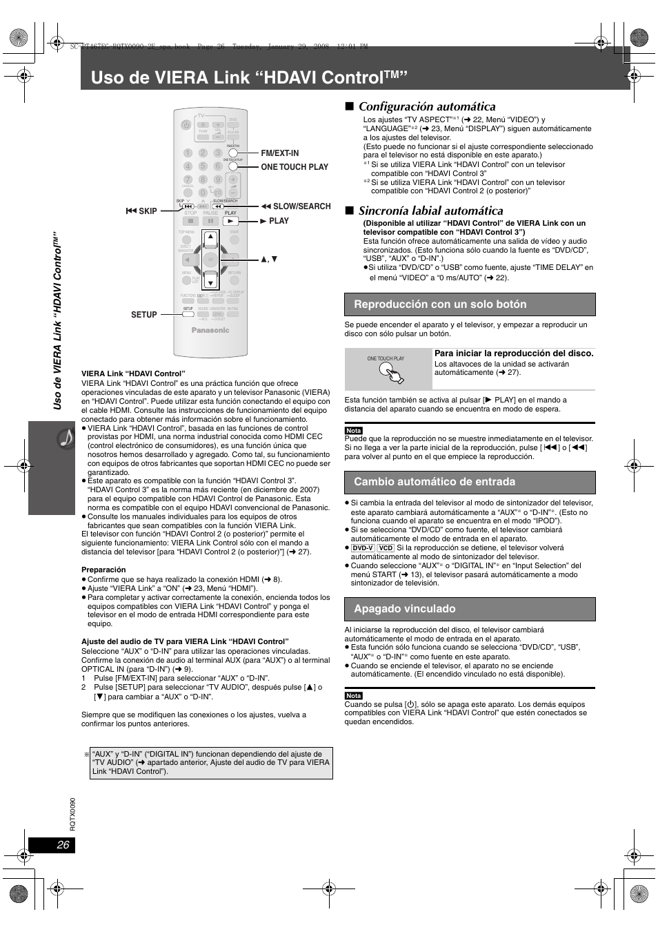 Uso de viera link “hdavi control, Configuración automática, Sincronía labial automática | Reproducción con un solo botón, Cambio automático de entrada apagado vinculado | Panasonic SCPT467 User Manual | Page 26 / 44