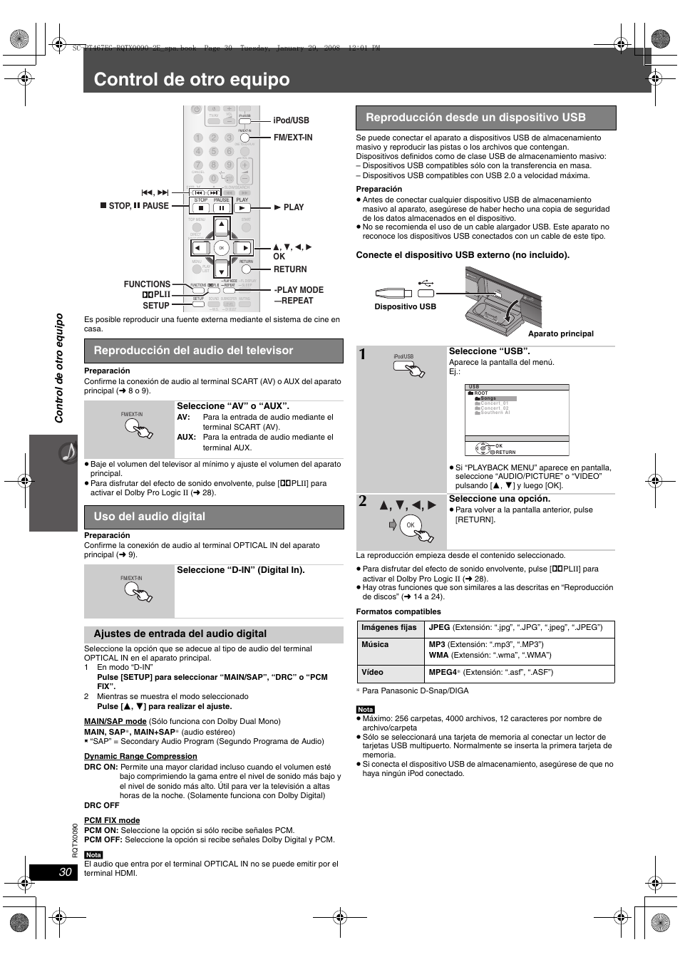 Control de otro equipo, Reproducción del audio del televisor, Uso del audio digital | Reproducción desde un dispositivo usb, Co n tr o l de o tr o eq ui po, Ajustes de entrada del audio digital, Open close | Panasonic SCPT467 User Manual | Page 30 / 44