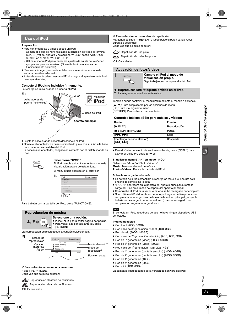 Uso del ipod | Panasonic SCPT467 User Manual | Page 31 / 44