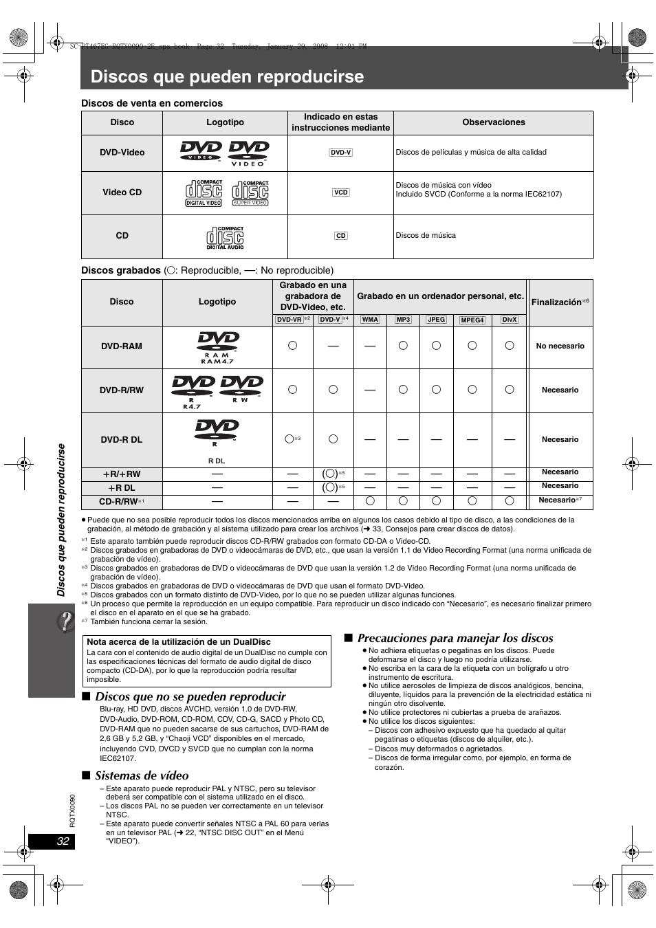 Discos que pueden reproducirse, Discos que no se pueden reproducir, Sistemas de vídeo | Precauciones para manejar los discos | Panasonic SCPT467 User Manual | Page 32 / 44