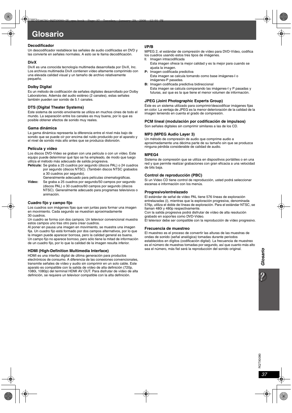 Glosario | Panasonic SCPT467 User Manual | Page 37 / 44
