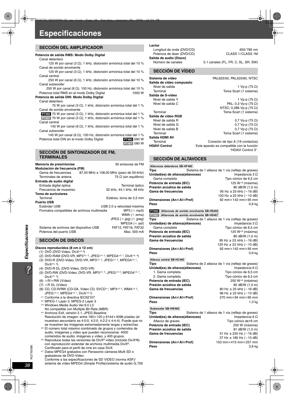 Especificaciones, Espec ificac ione s | Panasonic SCPT467 User Manual | Page 38 / 44