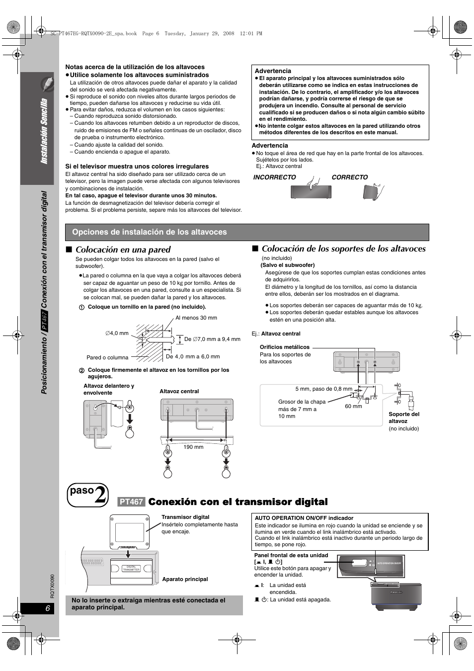 Paso, Pt467] conexión con el transmisor digital, Colocación en una pared | Colocación de los soportes de los altavoces, Instalació n sencilla | Panasonic SCPT467 User Manual | Page 6 / 44