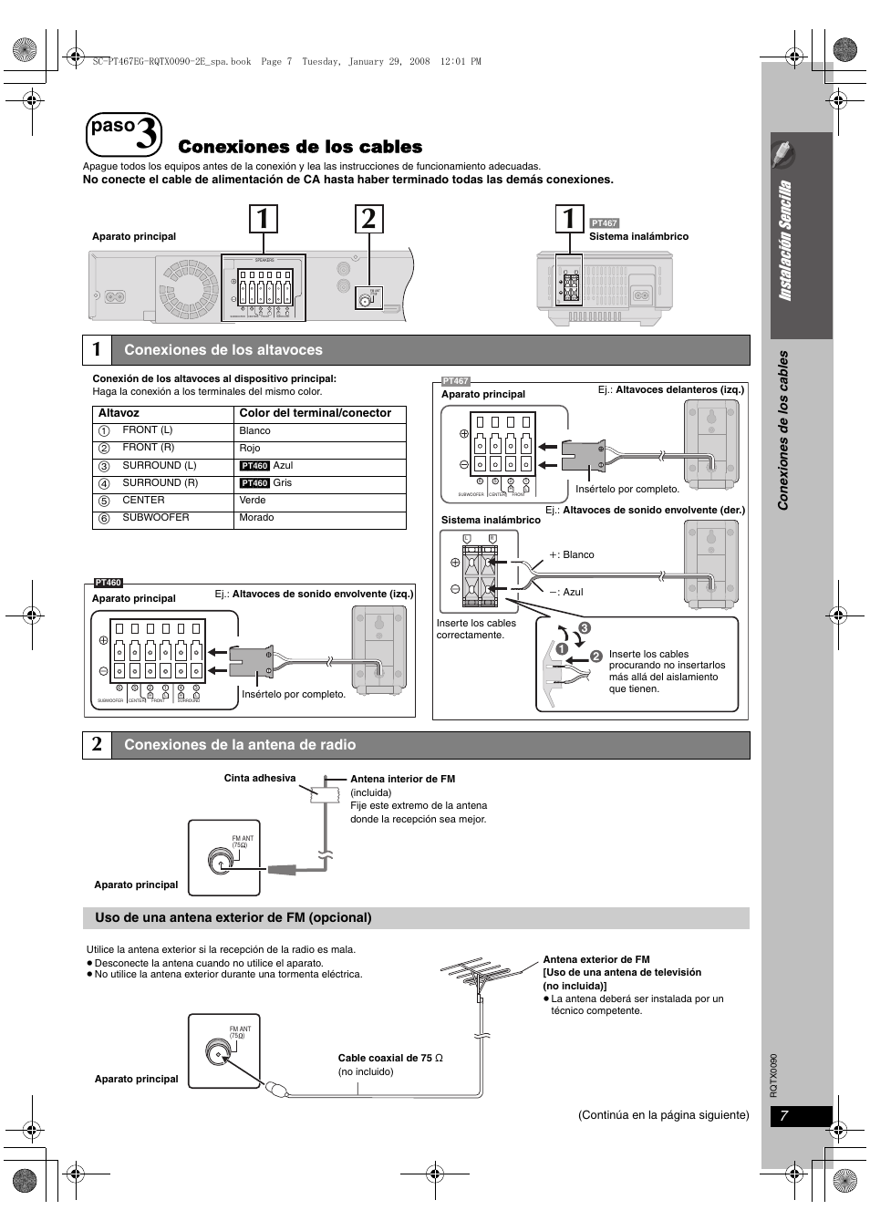 Paso, Conexiones de los cables, Instalació n sencilla | Conexiones de los altavoces, Conexiones de la antena de radio, Uso de una antena exterior de fm (opcional) | Panasonic SCPT467 User Manual | Page 7 / 44