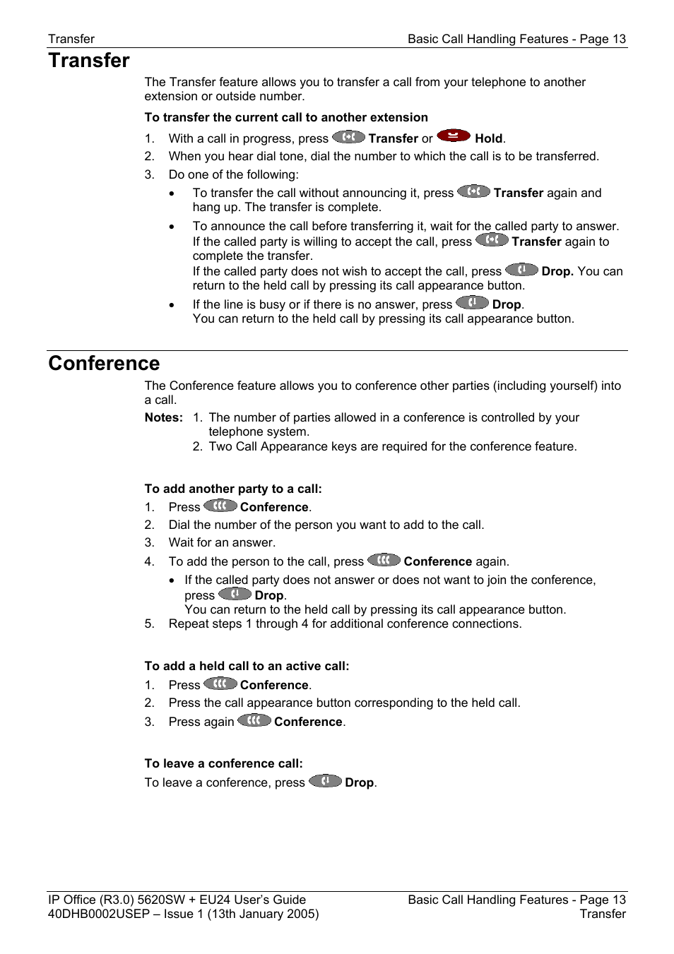 Transfer, Conference, Transfer conference | Avaya 5620SW + EU24 User Manual | Page 13 / 70