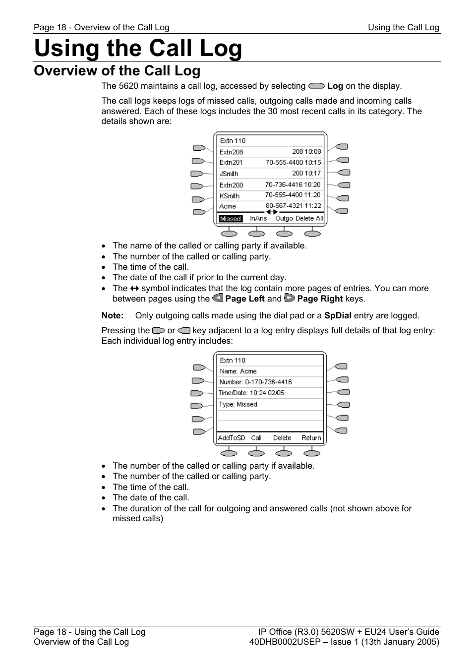 Using the call log, Overview of the call log | Avaya 5620SW + EU24 User Manual | Page 18 / 70