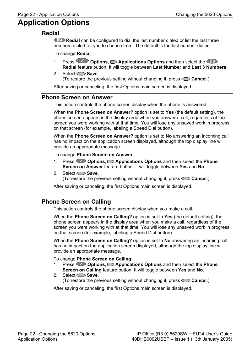 Application options, Redial, Phone screen on answer | Phone screen on calling | Avaya 5620SW + EU24 User Manual | Page 22 / 70