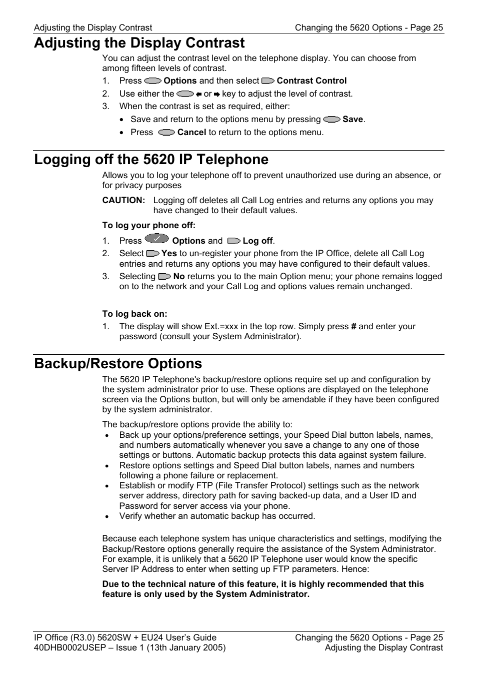 Adjusting the display contrast, Logging off the 5620 ip telephone, Backup/restore options | Avaya 5620SW + EU24 User Manual | Page 25 / 70
