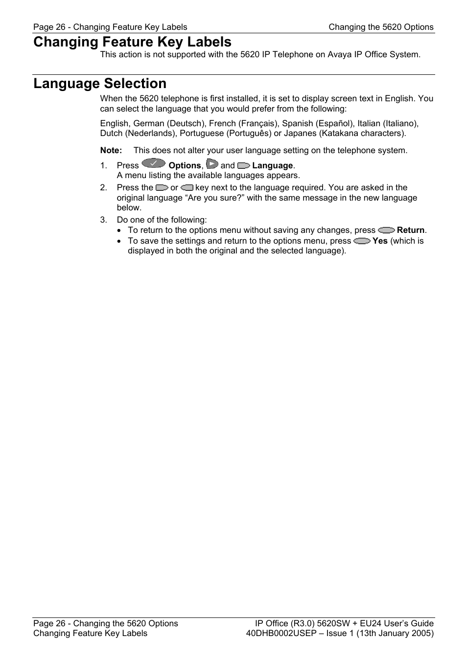 Changing feature key labels, Language selection, Changing feature key labels language selection | Avaya 5620SW + EU24 User Manual | Page 26 / 70