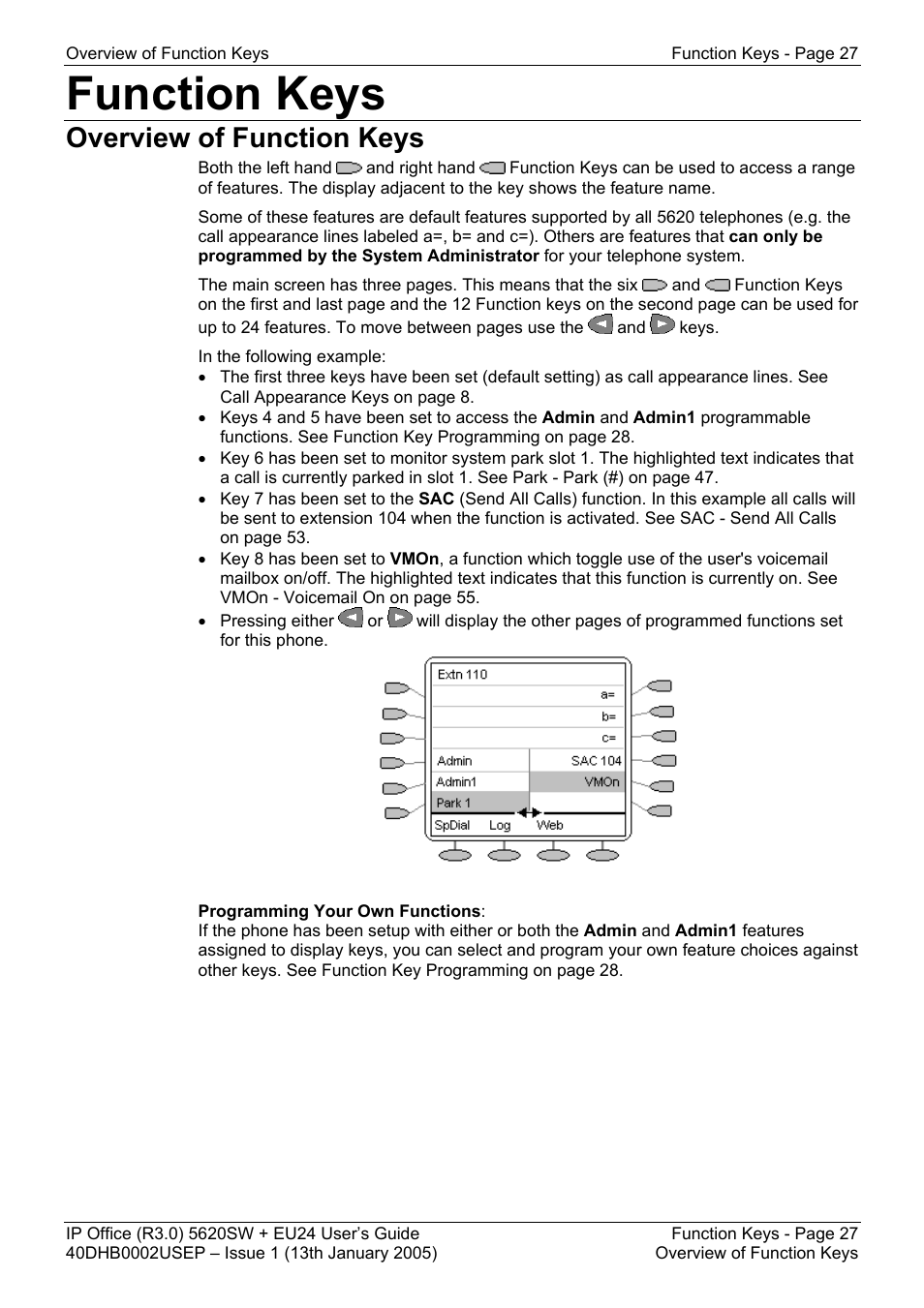 Function keys, Overview of function keys | Avaya 5620SW + EU24 User Manual | Page 27 / 70