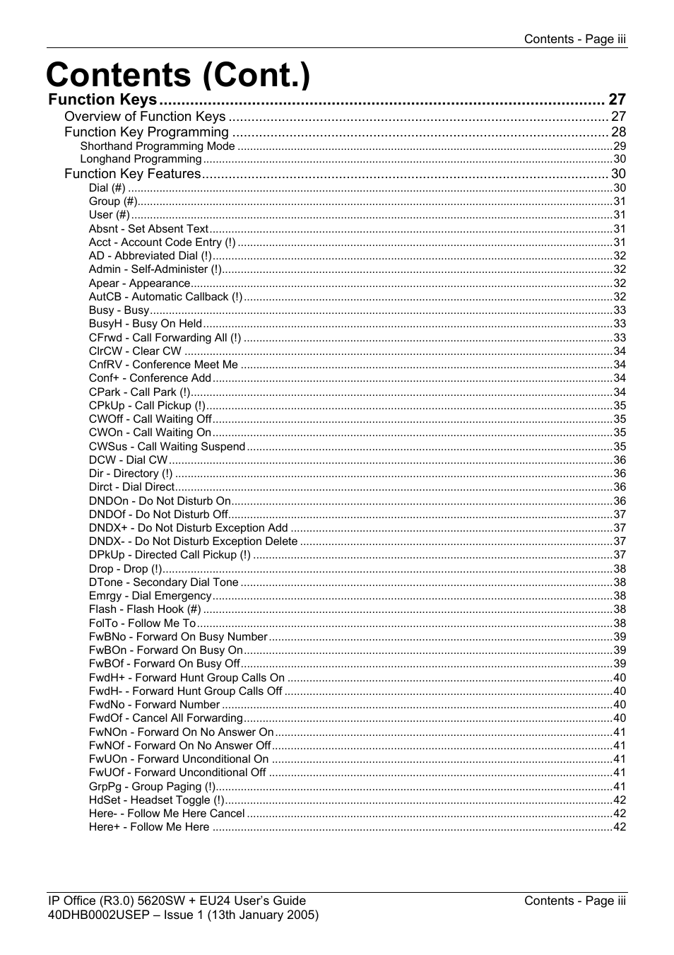 Contents (cont.), Function keys | Avaya 5620SW + EU24 User Manual | Page 3 / 70