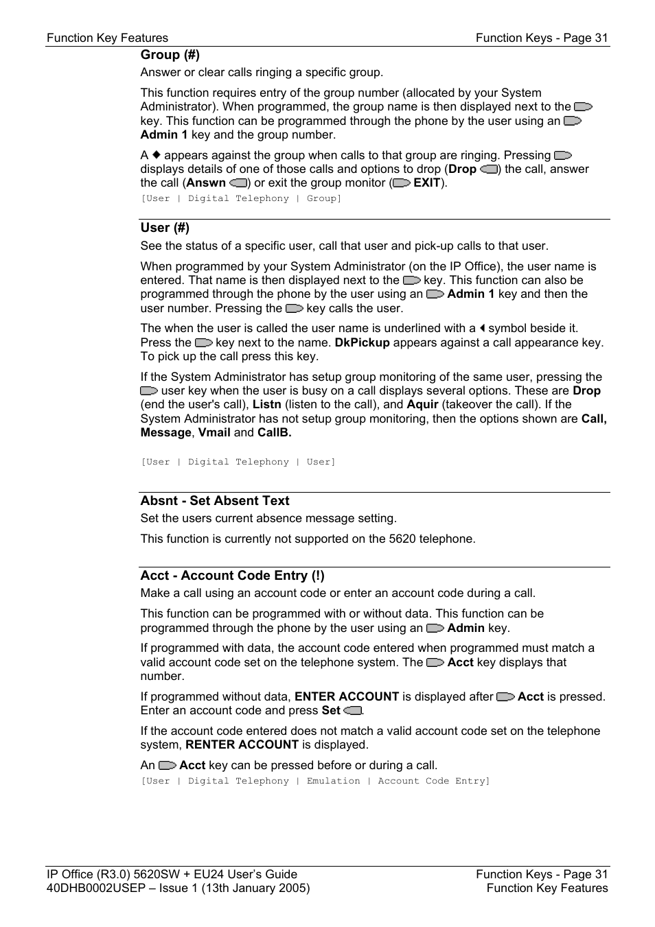 Group (#), User (#), Absnt - set absent text | Acct - account code entry (!) | Avaya 5620SW + EU24 User Manual | Page 31 / 70