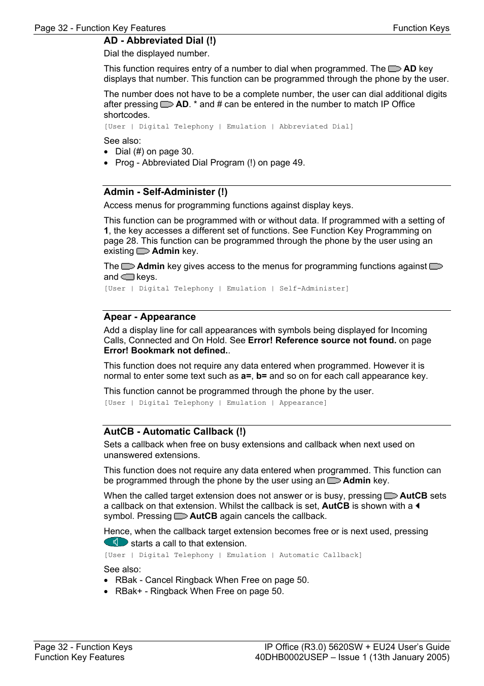 Ad - abbreviated dial (!), Admin - self-administer (!), Apear - appearance | Autcb - automatic callback (!) | Avaya 5620SW + EU24 User Manual | Page 32 / 70
