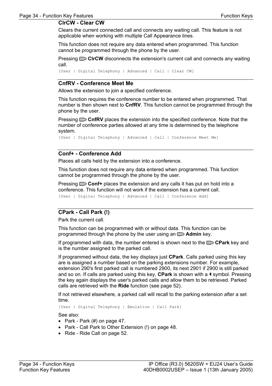 Clrcw - clear cw, Cnfrv - conference meet me, Conf+ - conference add | Cpark - call park (!) | Avaya 5620SW + EU24 User Manual | Page 34 / 70