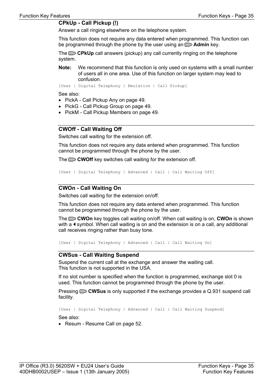 Cpkup - call pickup (!), Cwoff - call waiting off, Cwon - call waiting on | Cwsus - call waiting suspend | Avaya 5620SW + EU24 User Manual | Page 35 / 70