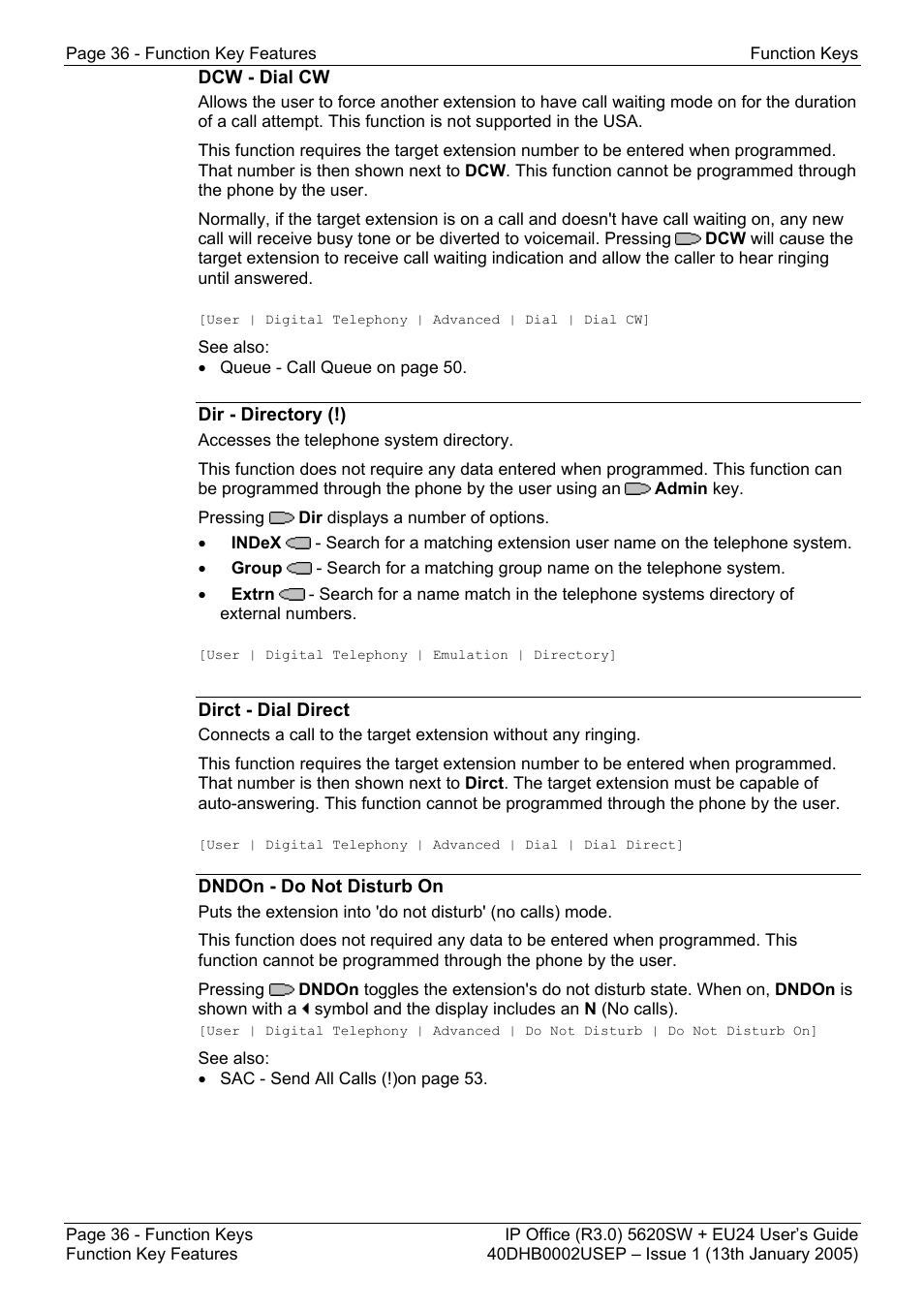 Dcw - dial cw, Dir - directory (!), Dirct - dial direct | Dndon - do not disturb on | Avaya 5620SW + EU24 User Manual | Page 36 / 70