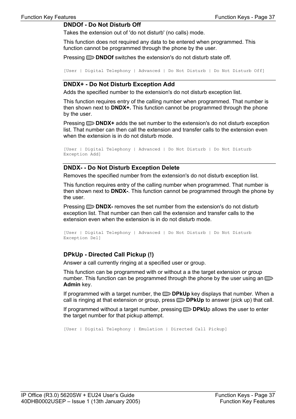Dndof - do not disturb off, Dndx+ - do not disturb exception add, Dndx- - do not disturb exception delete | Dpkup - directed call pickup (!) | Avaya 5620SW + EU24 User Manual | Page 37 / 70