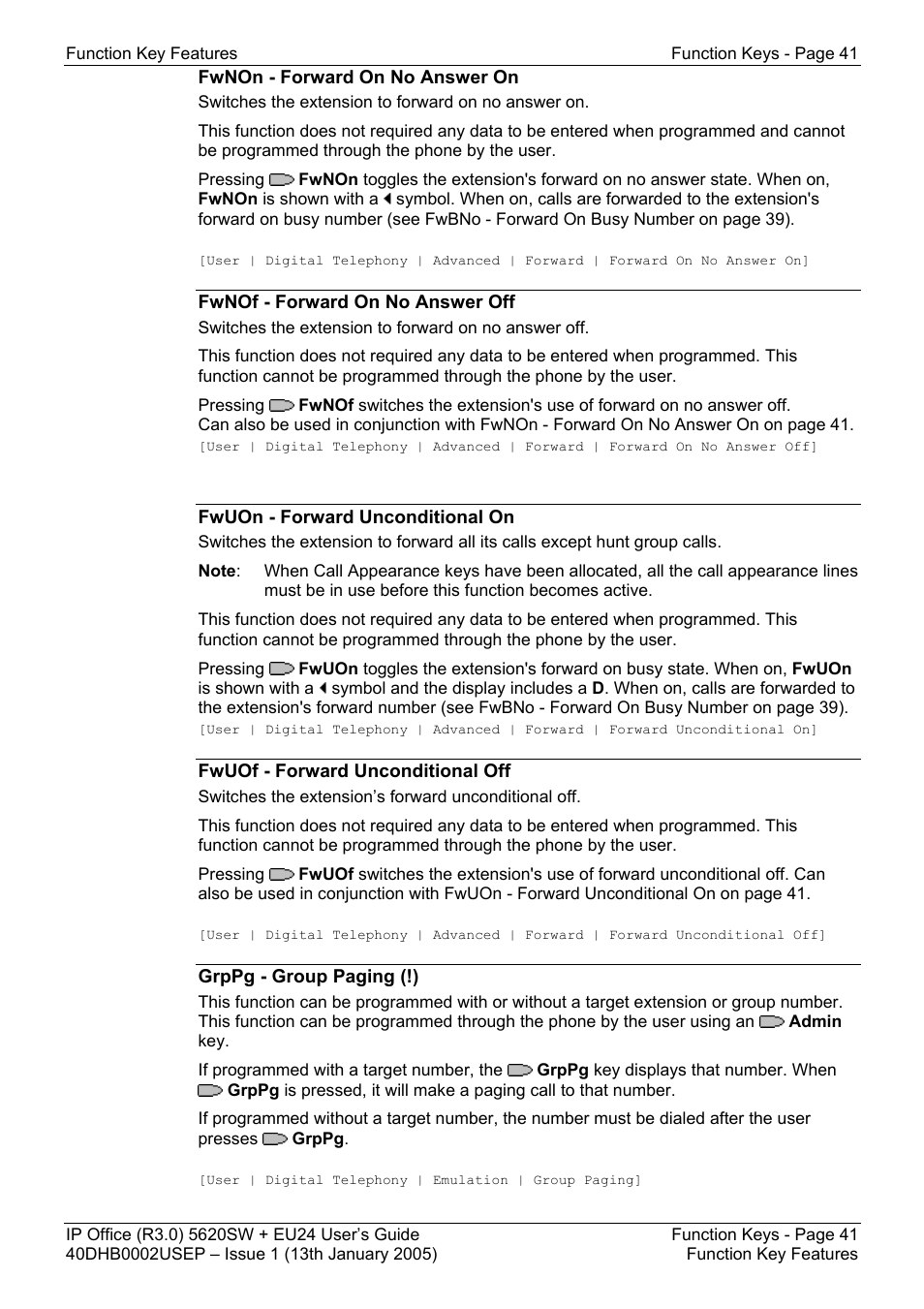 Fwnon - forward on no answer on, Fwnof - forward on no answer off, Fwuon - forward unconditional on | Fwuof - forward unconditional off, Grppg - group paging (!), 41 is also on | Avaya 5620SW + EU24 User Manual | Page 41 / 70