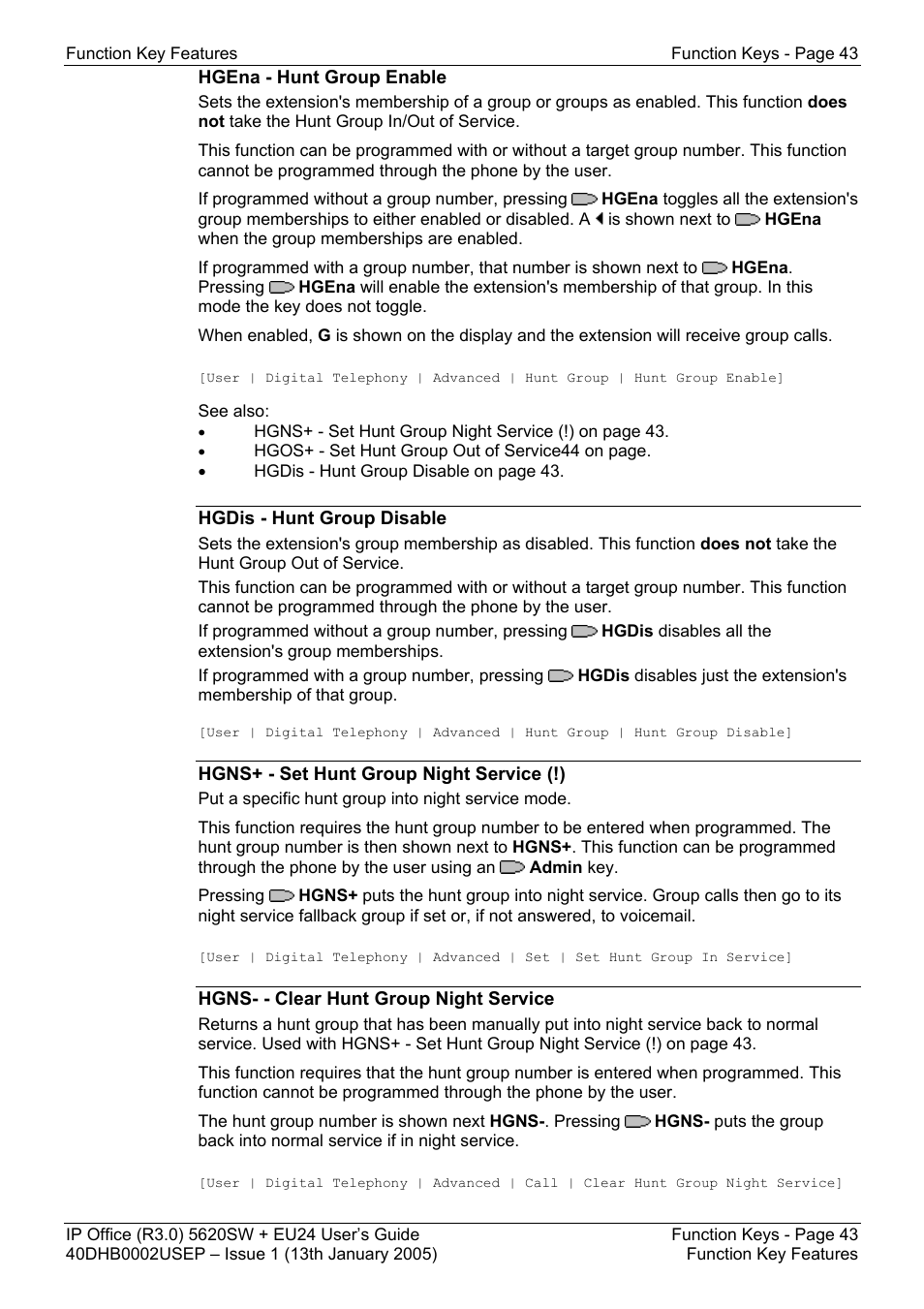Hgena - hunt group enable, Hgdis - hunt group disable, Hgns+ - set hunt group night service (!) | Hgns- - clear hunt group night service | Avaya 5620SW + EU24 User Manual | Page 43 / 70