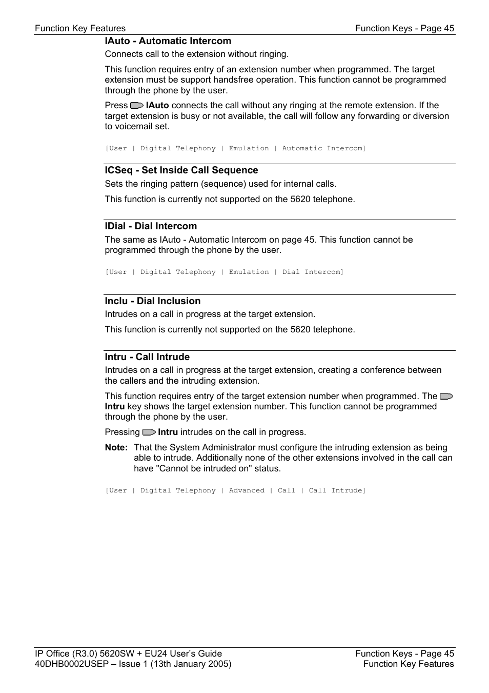 Iauto - automatic intercom, Icseq - set inside call sequence, Idial - dial intercom | Inclu - dial inclusion, Intru - call intrude | Avaya 5620SW + EU24 User Manual | Page 45 / 70