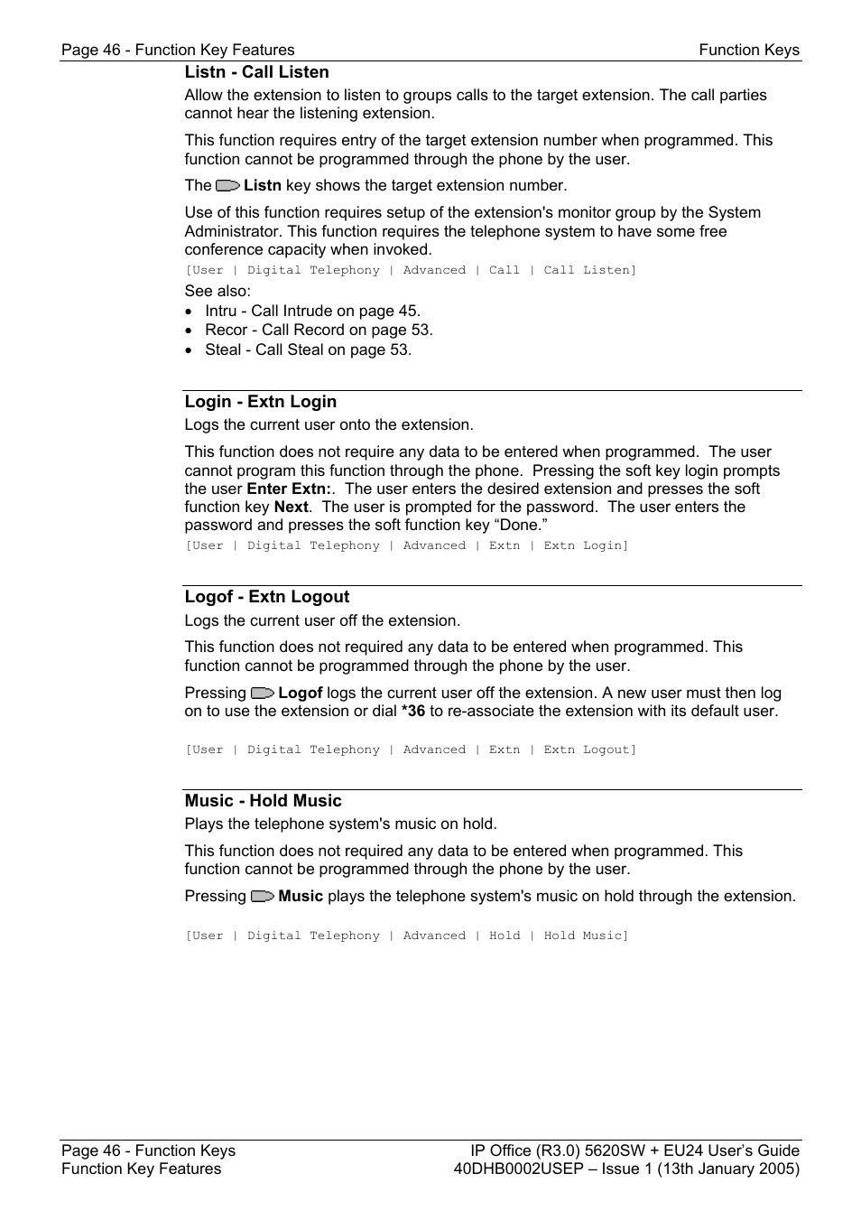 Listn - call listen, Login - extn login, Logof - extn logout | Music - hold music | Avaya 5620SW + EU24 User Manual | Page 46 / 70