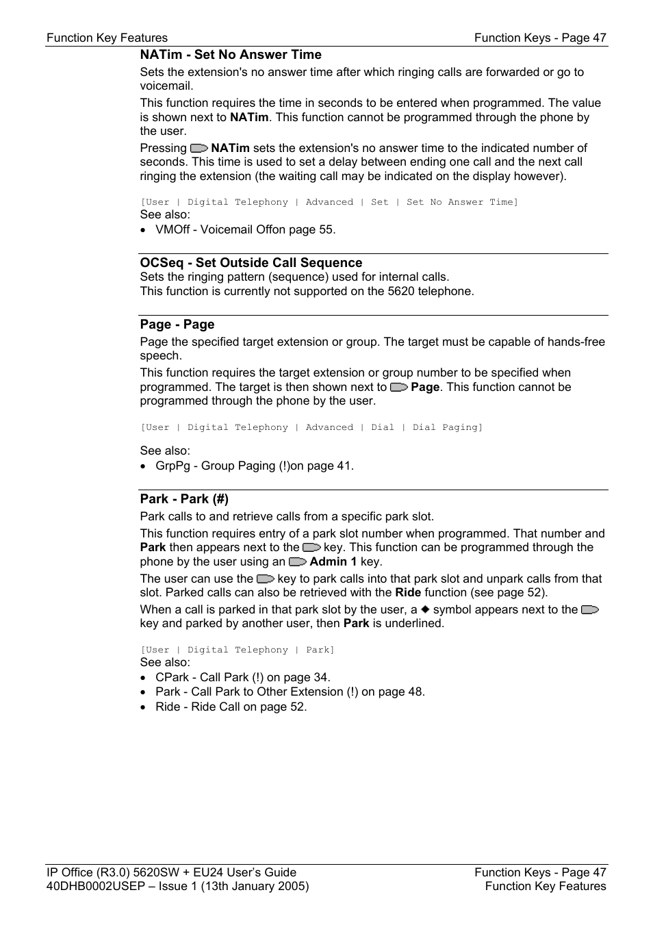 Natim - set no answer time, Ocseq - set outside call sequence, Park - park (#) | Avaya 5620SW + EU24 User Manual | Page 47 / 70