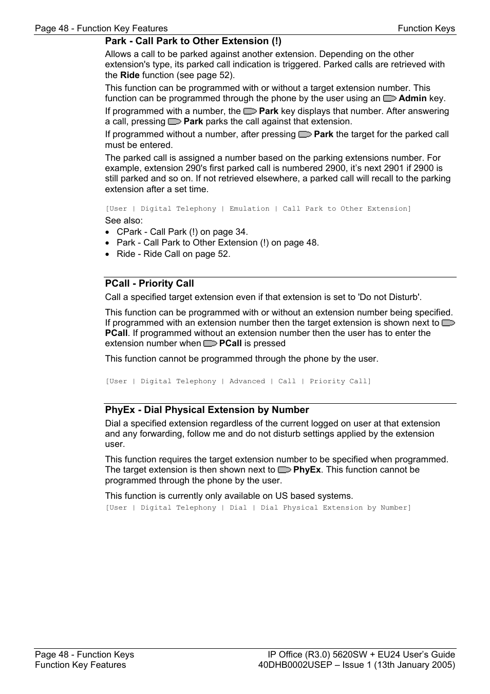 Park - call park to other extension (!), Pcall - priority call, Phyex - dial physical extension by number | Avaya 5620SW + EU24 User Manual | Page 48 / 70